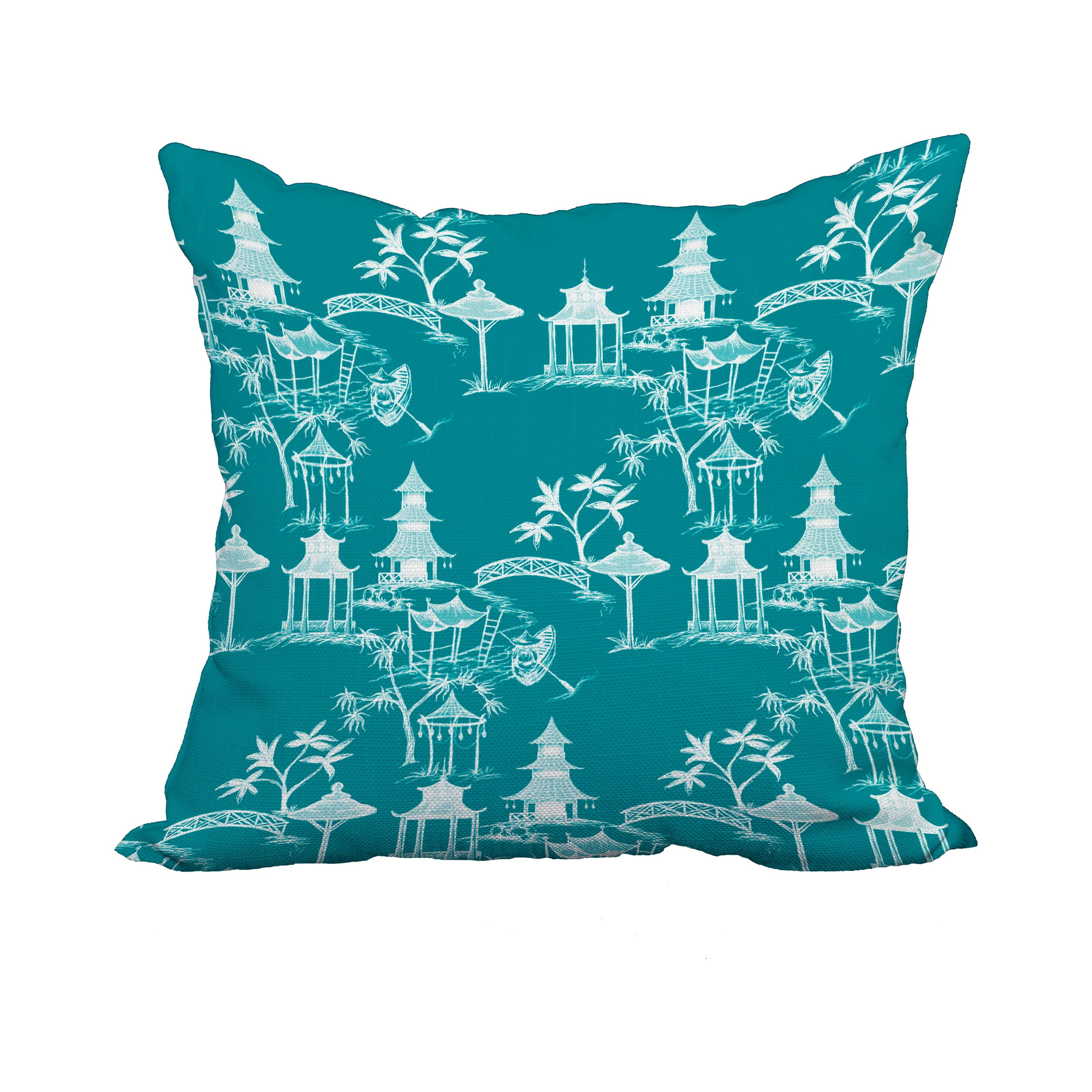 20 x 20 Inch Chinapezka Blue Floral Print Decorative Polyester Throw Pillow with Linen Texture