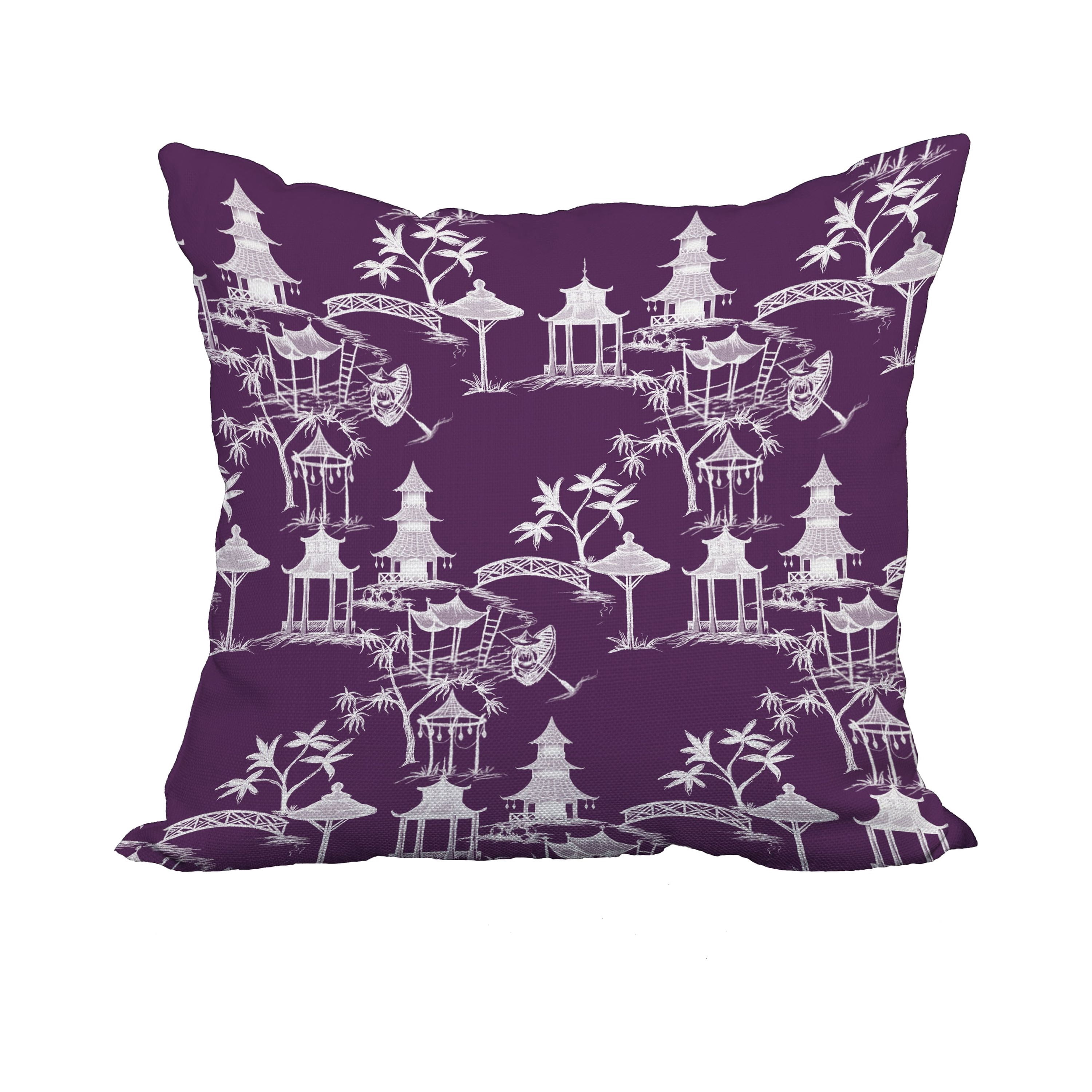 20 x 20 Inch Chinapezka Purple Floral Print Decorative Polyester Throw Pillow with Linen Texture