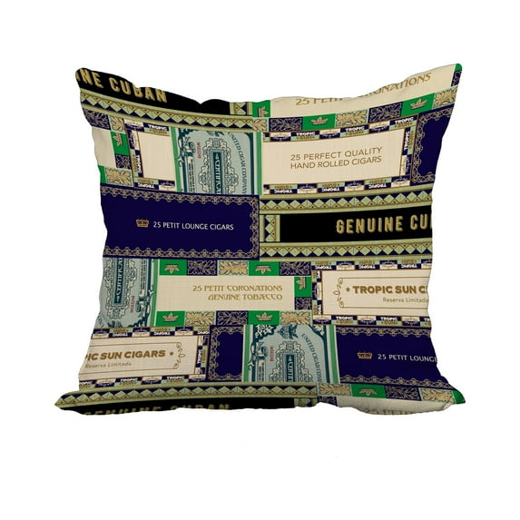 20 x 20 Inch Cigar Box Collage 2 Navy Blue Geometric Print Decorative Polyester Throw Pillow with Linen Texture