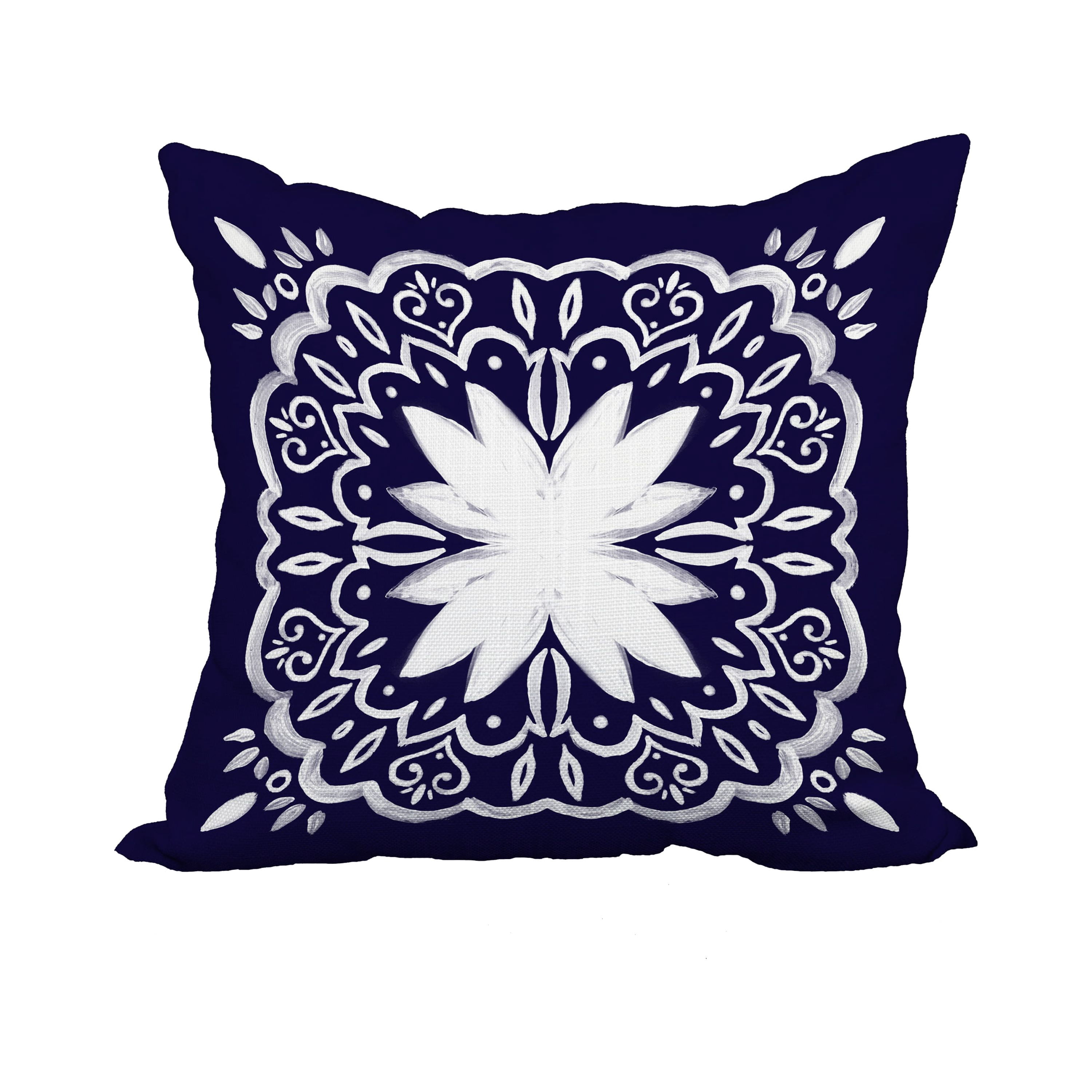 20 x 20 Inch Cuban Tile 1 Navy Blue Geometric Print Decorative Polyester Throw Pillow with Linen Texture