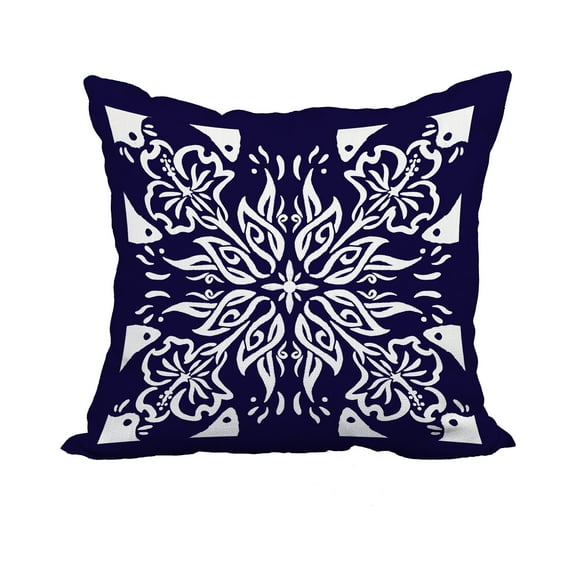 20 x 20 Inch Cuban Tile 3 Navy Blue Geometric Print Decorative Polyester Throw Pillow with Linen Texture