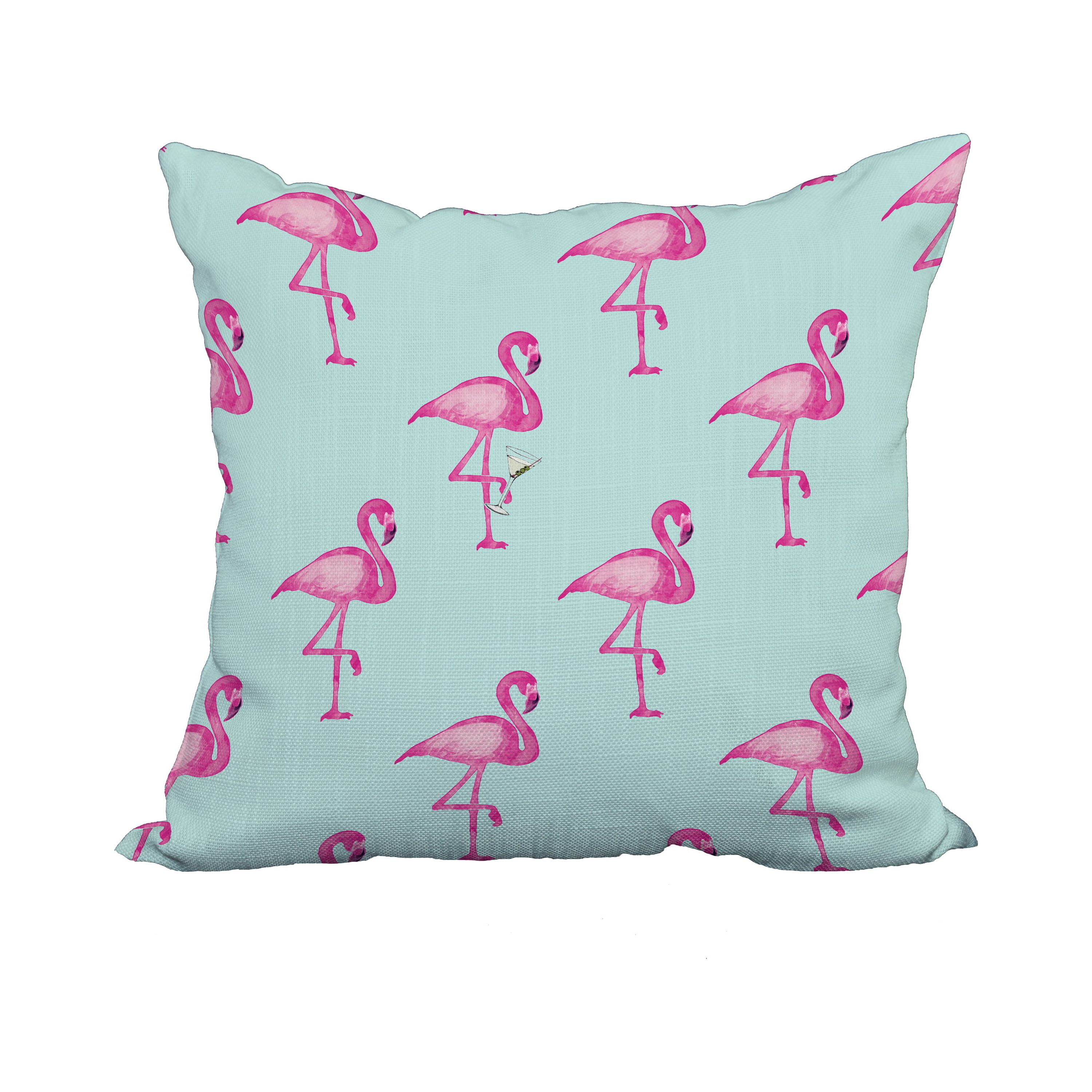 20 x 20 Inch Flamingo Fanfare Martini Aqua Tropical Print Decorative Polyester Throw Pillow with Linen Texture
