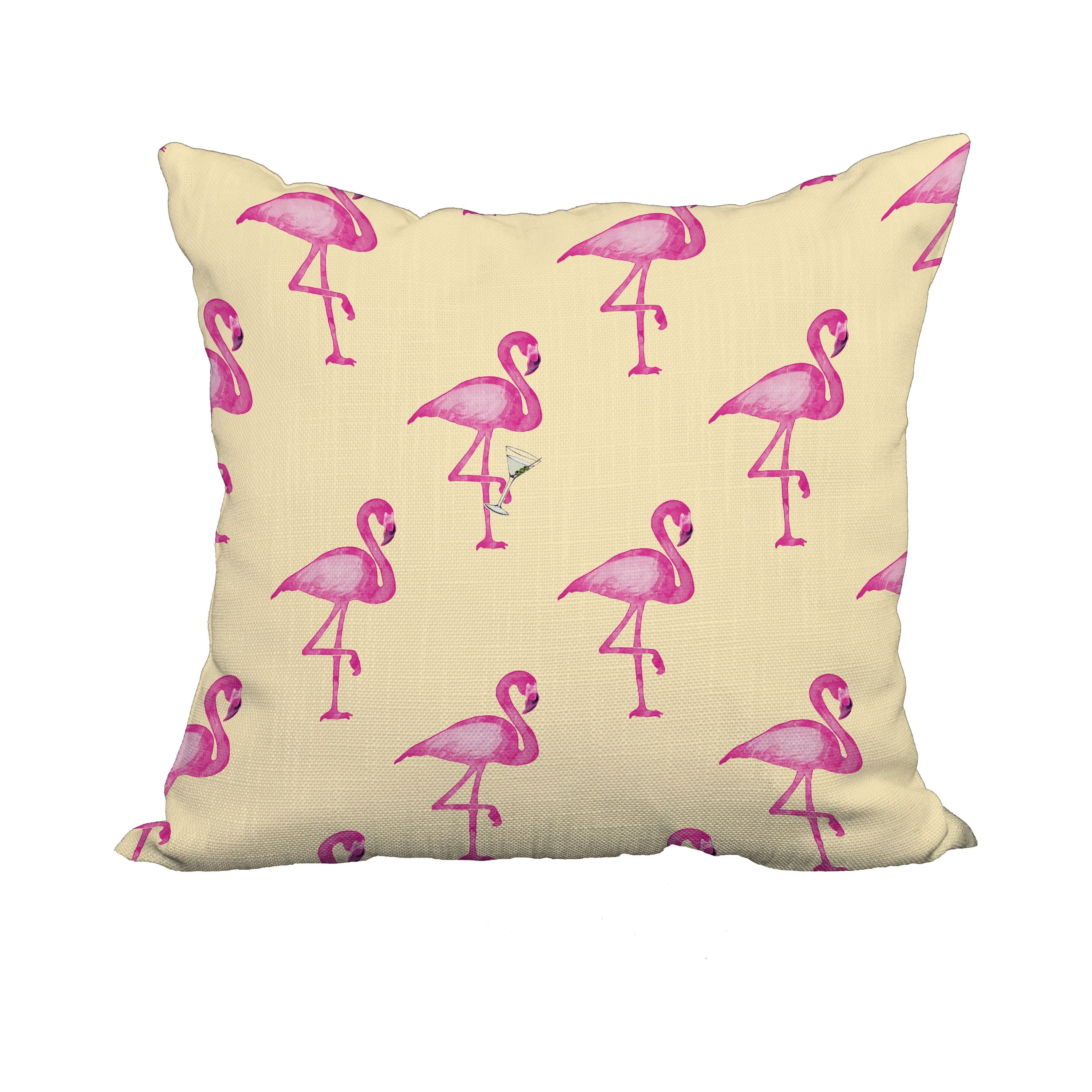 20 x 20 Inch Flamingo Fanfare Martini Yellow Tropical Print Decorative Polyester Throw Pillow with Linen Texture