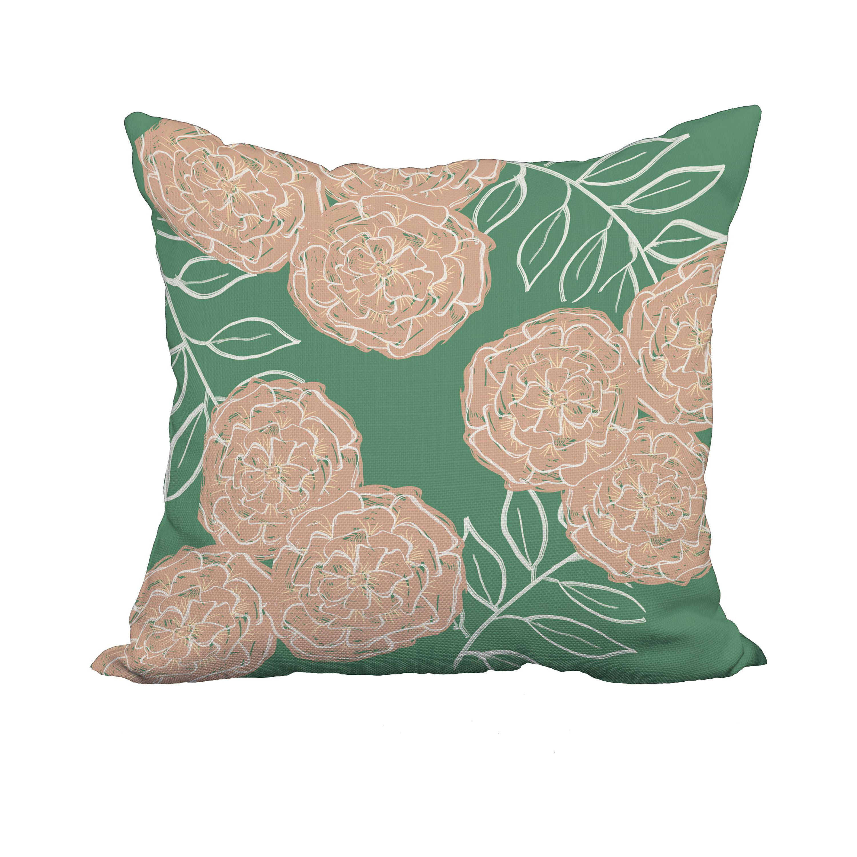 20 x 20 Inch Green Floral Print Decorative Polyester Throw Pillow with a Linen Texture
