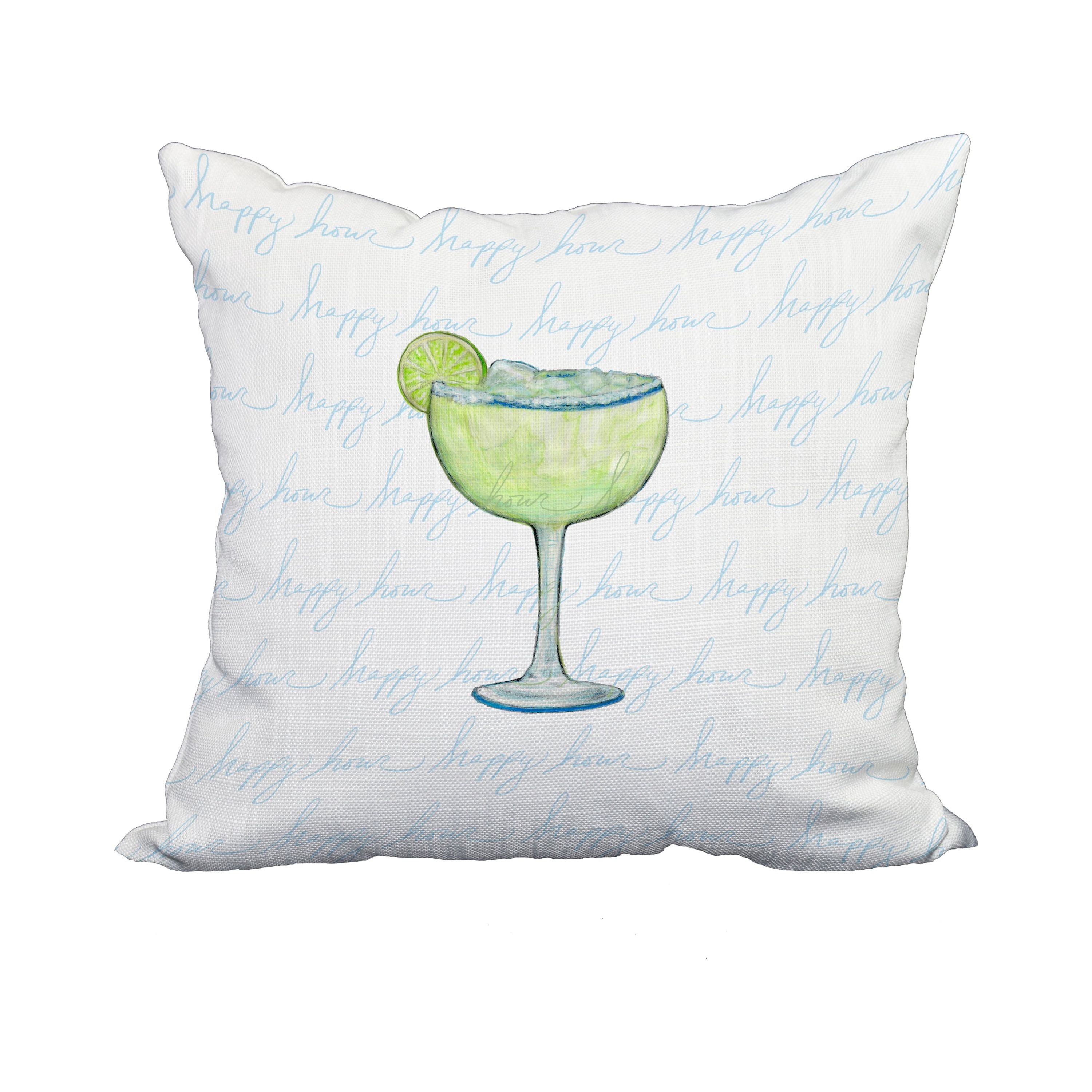 20 x 20 Inch Margarita Text Fade Happy Hour Pale Blue Geometric Print Decorative Polyester Throw Pillow with Linen Texture