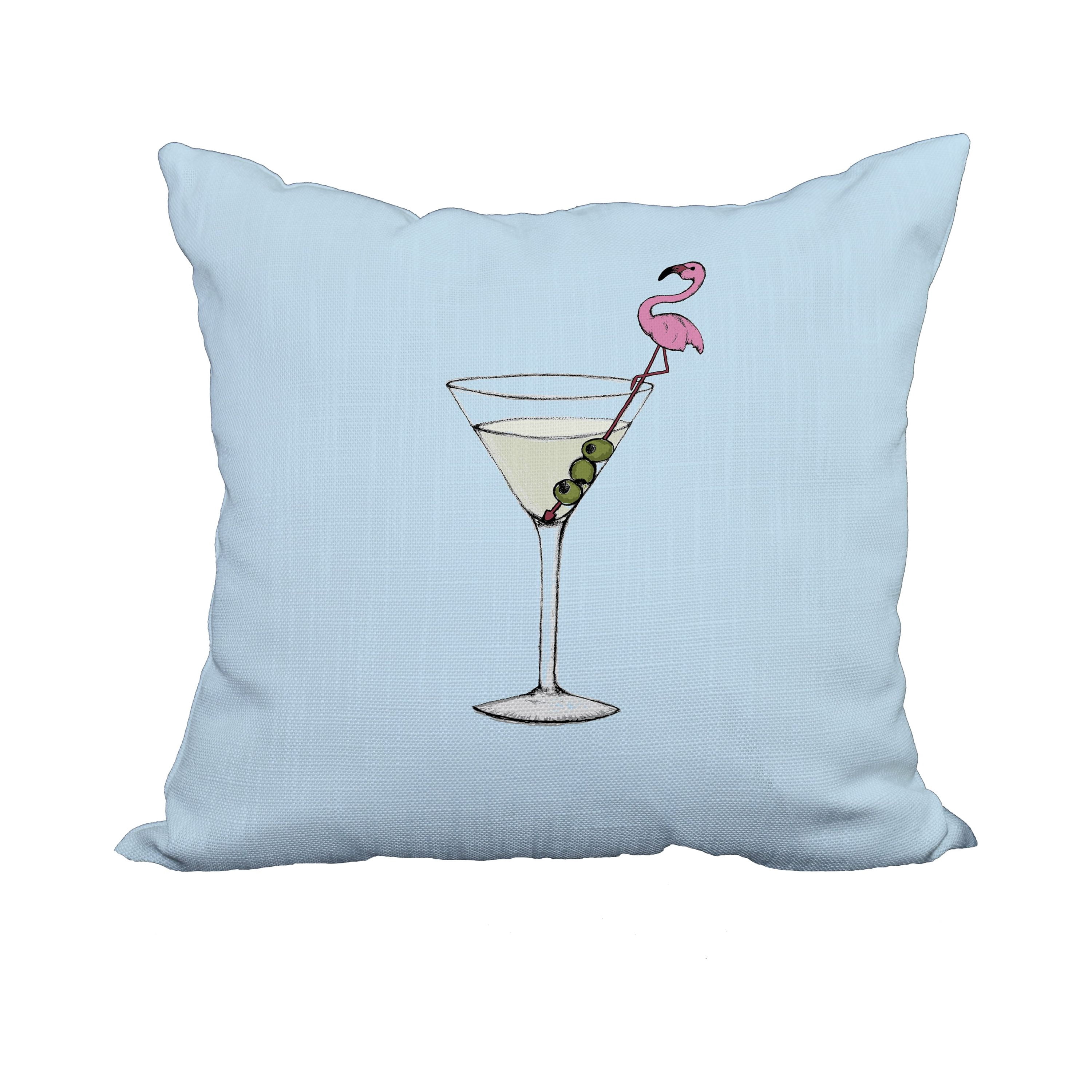 20 x 20 Inch Martini Glass Flamingo Pale Blue Geometric Print Decorative Polyester Throw Pillow with Linen Texture