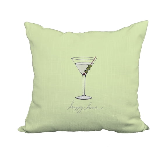 20 x 20 Inch Martini Glass Happy Hour Light Green Geometric Print Decorative Polyester Throw Pillow with Linen Texture