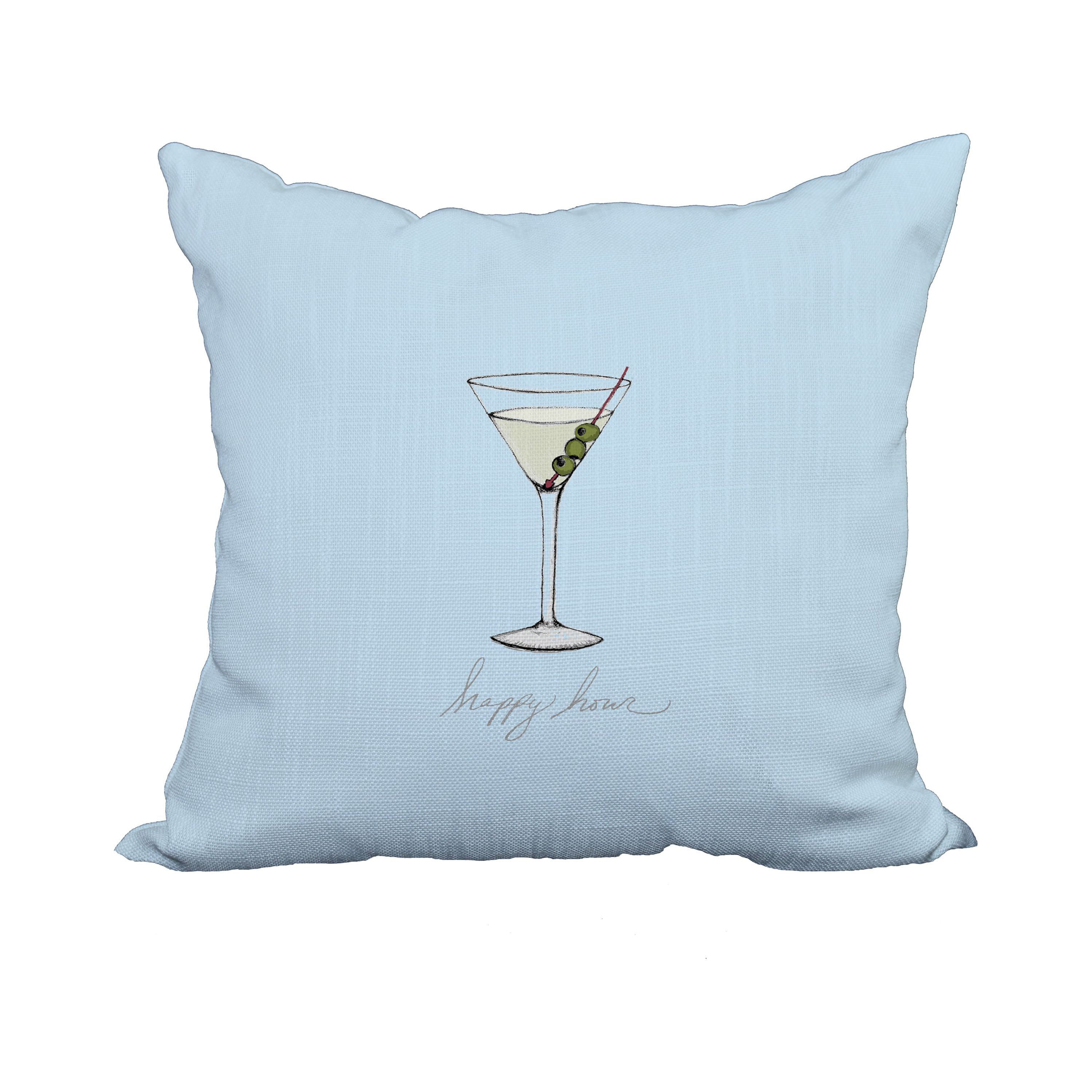 20 x 20 Inch Martini Glass Happy Hour Pale Blue Geometric Print Decorative Polyester Throw Pillow with Linen Texture