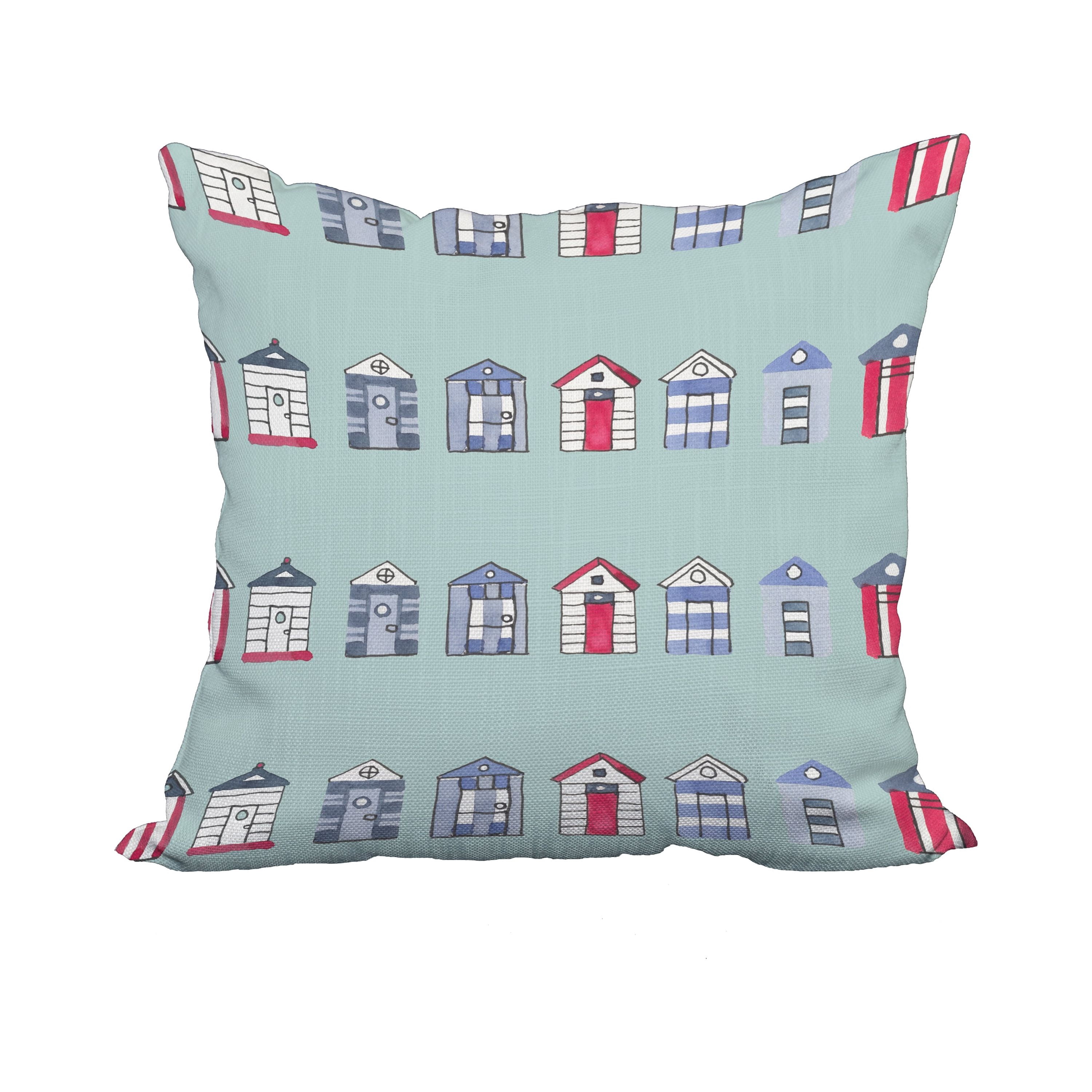 20 x 20 Inch Multi Beach Hut Aqua Stripe Print Decorative Polyester Throw Pillow with Linen Texture