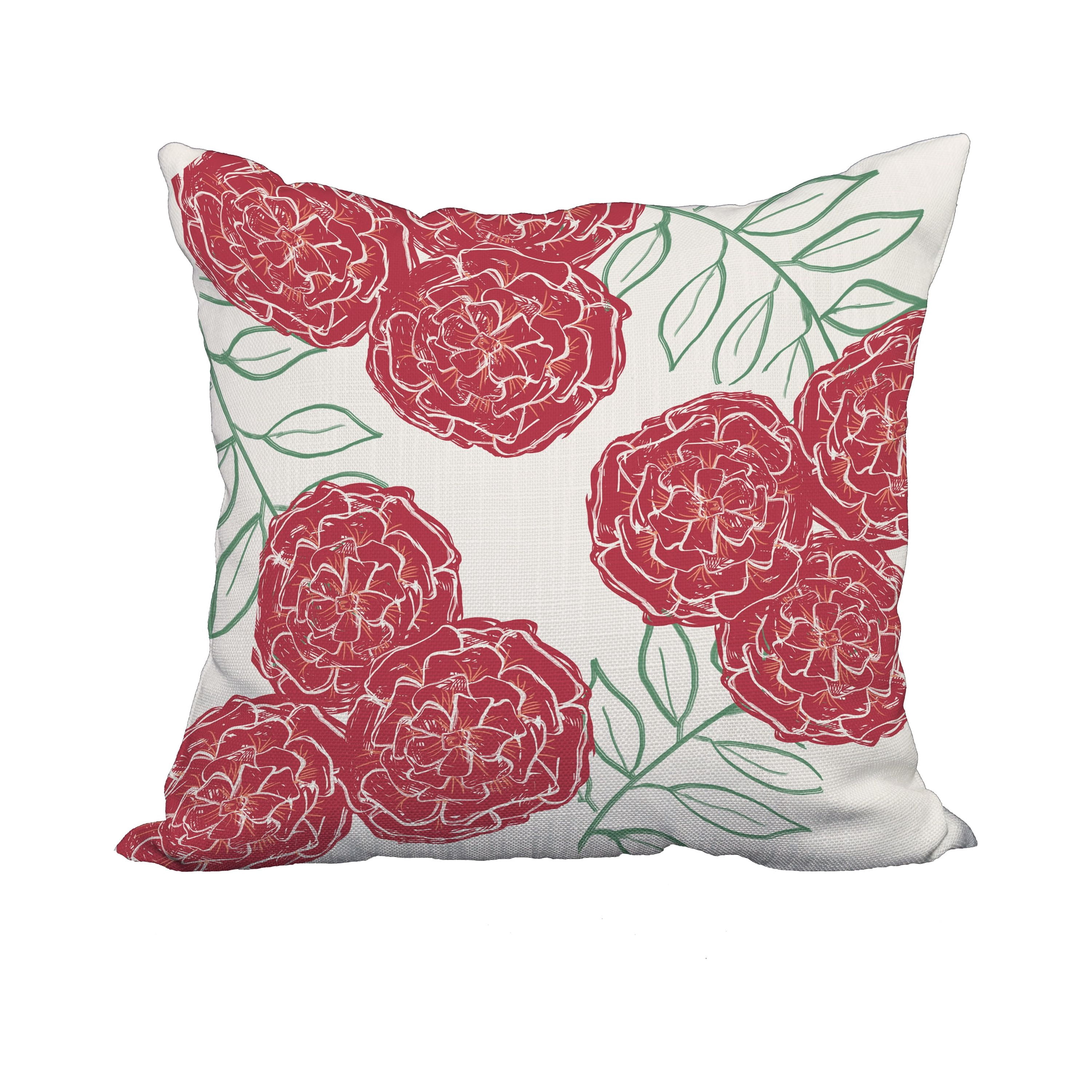 20 x 20 Inch Red Floral Print Decorative Polyester Throw Pillow with a Linen Texture