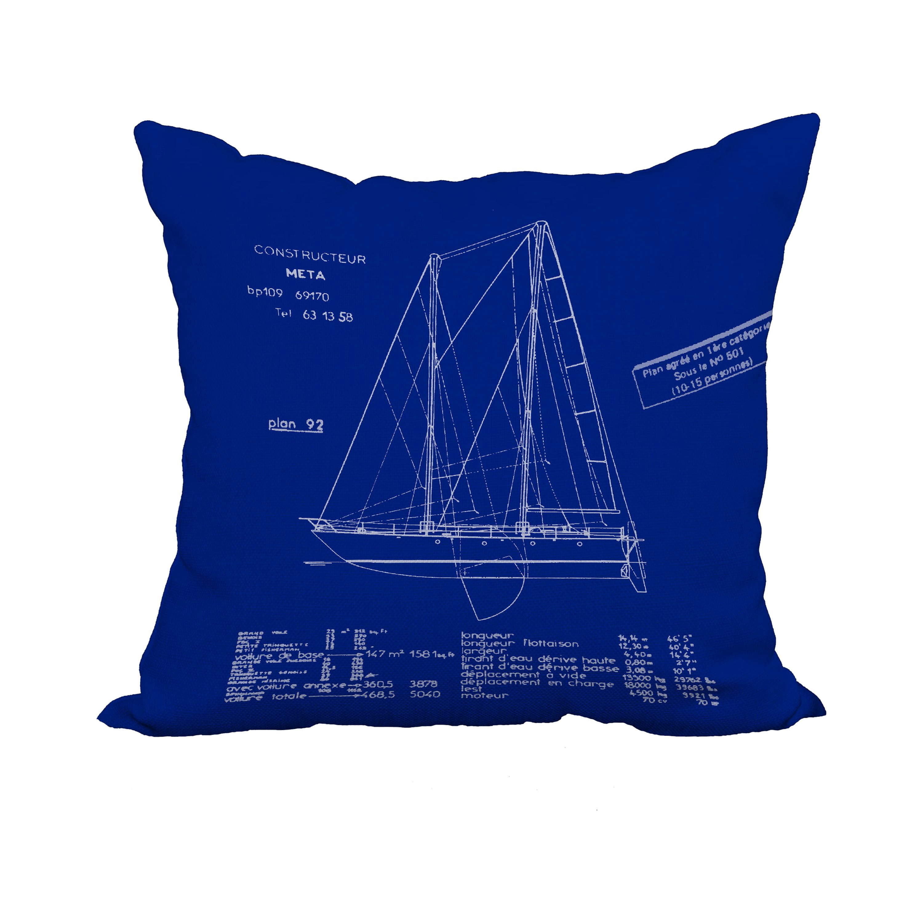 20 x 20 Inch Sail Plan Blue Print Blue Geometric Print Decorative Polyester Throw Pillow with Linen Texture