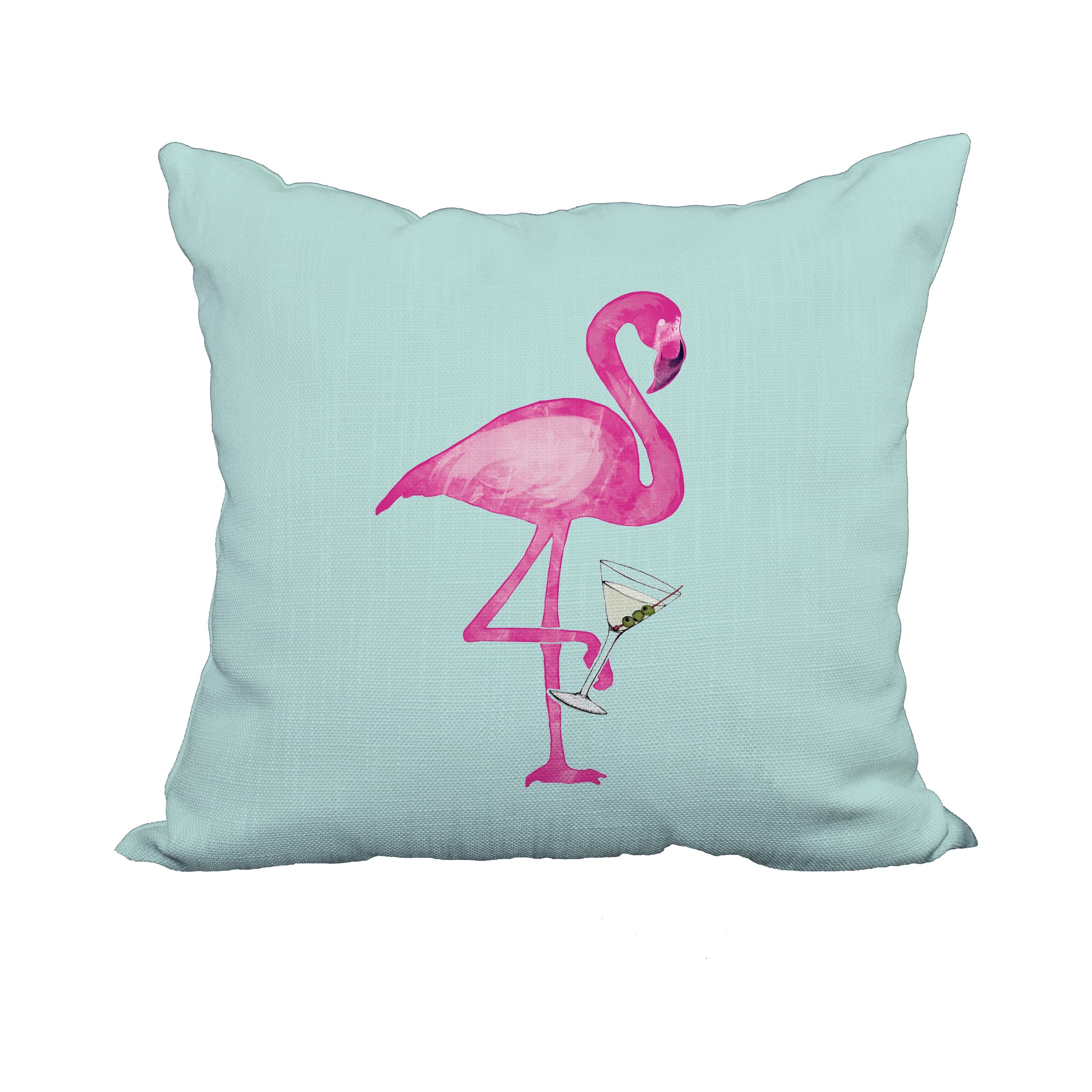 20 x 20 Inch Single Flamingo Aqua Tropical Print Decorative Polyester Throw Pillow with Linen Texture