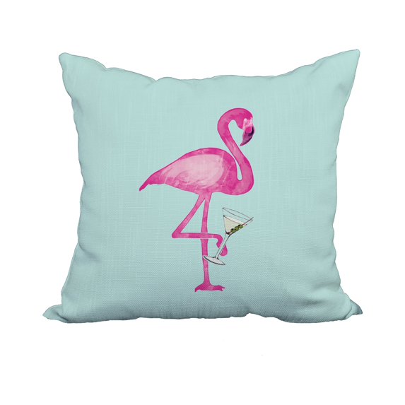 20 x 20 Inch Single Flamingo Aqua Tropical Print Decorative Polyester Throw Pillow with Linen Texture