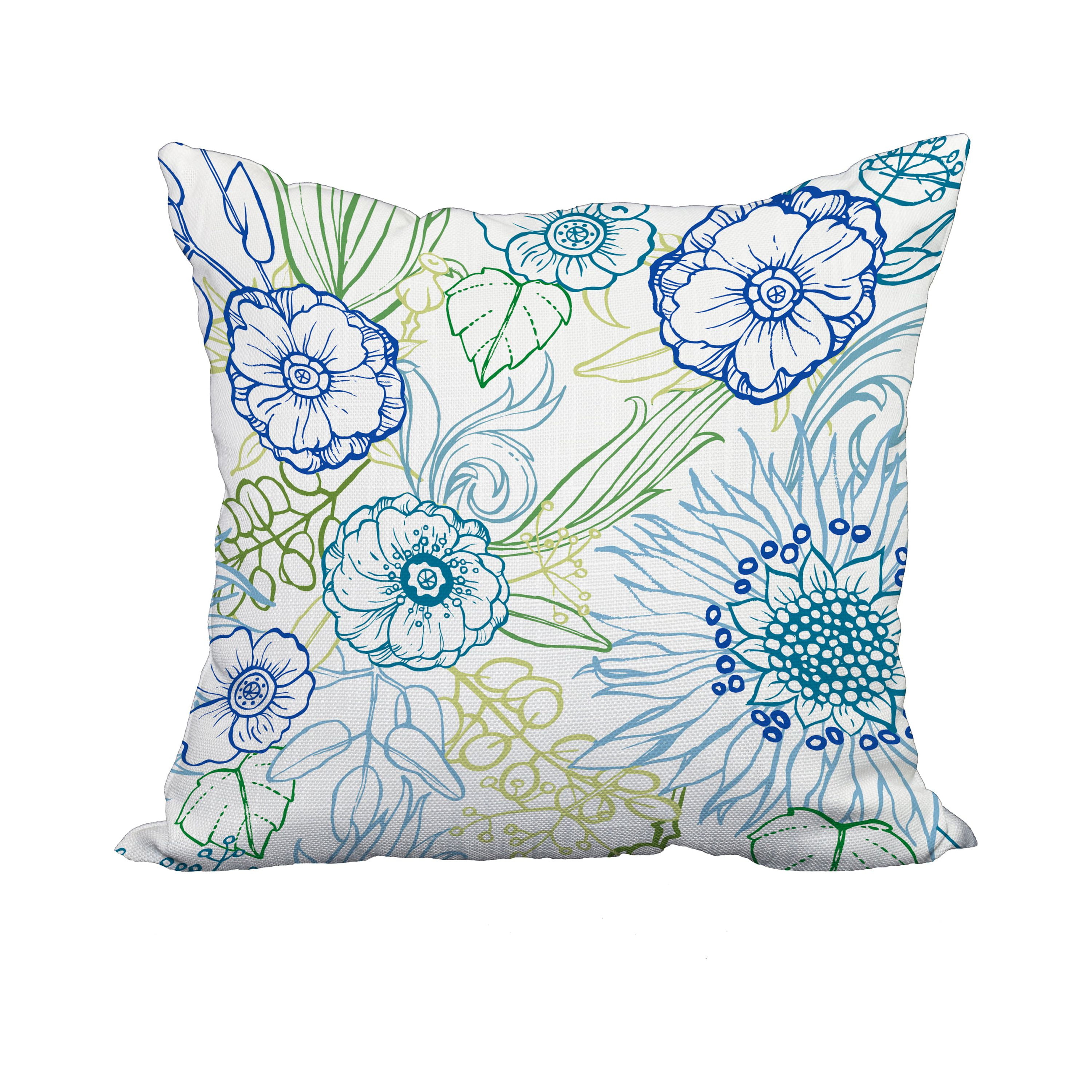 20 x 20 Inch Zentangle 4 Color Blue Floral Print Decorative Polyester Throw Pillow with Linen Texture