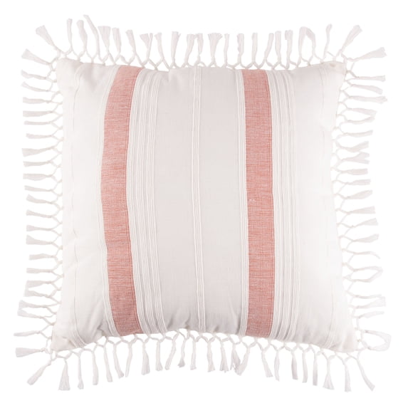Nathan Rust Red Striped 100% Cotton Accent Throw Pillow w/ Fringe 20" x 20"