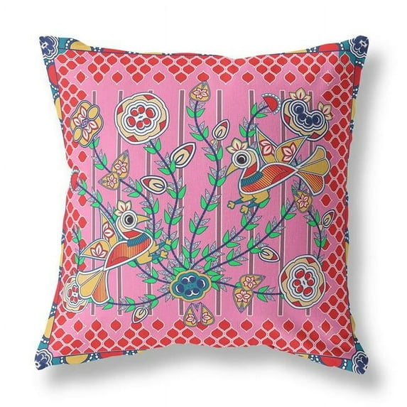 20" x 20" Pink Peacock Blown Seam Floral Indoor Outdoor Throw Pillow