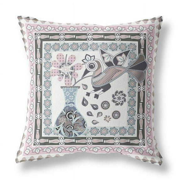 HomeRoots 20" x 20" Pink and Grey Bird Blown Seam Floral Indoor Outdoor Throw Pillow