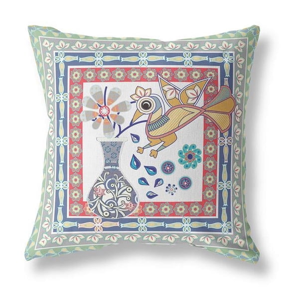 20 x 20 Red Bird Blown Seam Floral Indoor Outdoor Throw Pillow