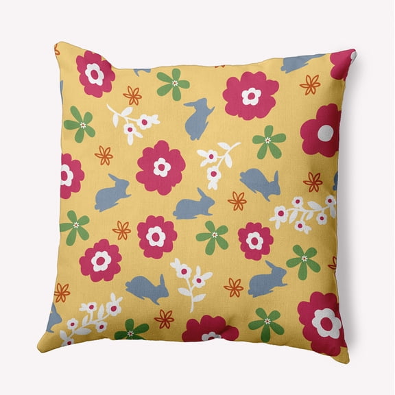 20" x 20" Simply Daisy Flowery Love Bunnies Easter Indoor/Outdoor Pillow, Daffodil Yellow-Blue Qty 1