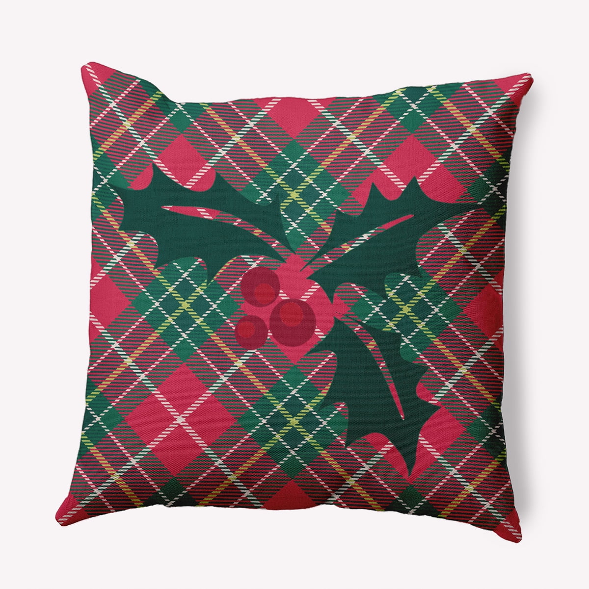 20" x 20" Simply Daisy Holly on Plaid Polyester Indoor/Outdoor Pillow, Christmas Pink Qty 1