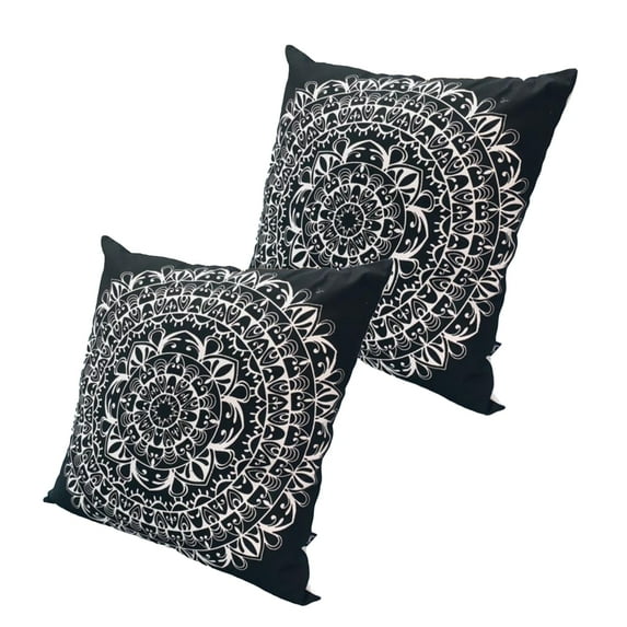 20 x 20 Square Cotton Accent Throw Pillows Mandala Pattern Set of 2 Black White - Saltoro Sherpi