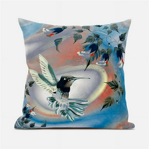 20 x 20 in. Curious Humming Bird Suede Blown & Closed Pillow - Grey, Orange & Blue