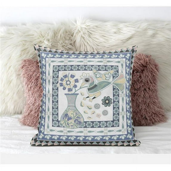 20 x 20 in. Love Your Vase Peacock Suede Blown & Closed Pillow - White & Blue