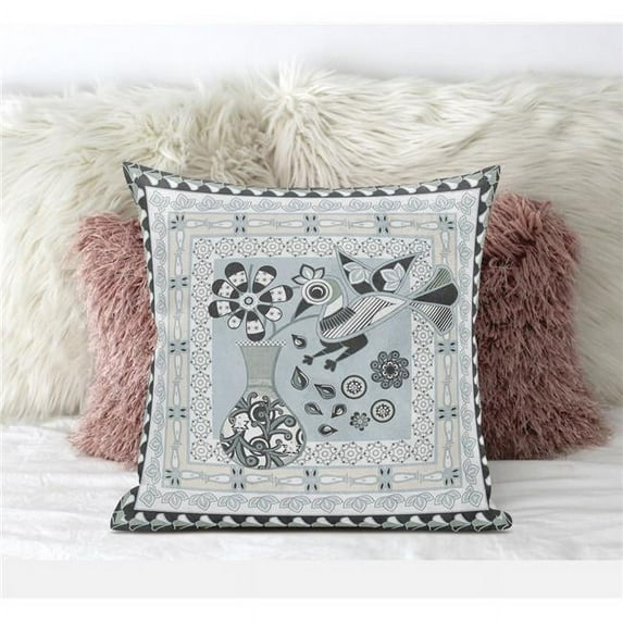 20 x 20 in. Love Your Vase Peacock Suede Zippered Pillow with Insert - Light Blue, Black & Cream