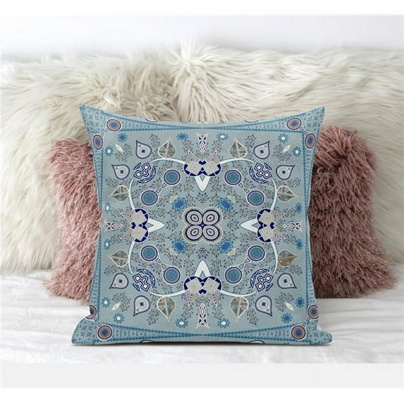 20 x 20 in. Paisley Leaf Geo Suede Blown & Closed Pillow - Muted Blue, Beige & White