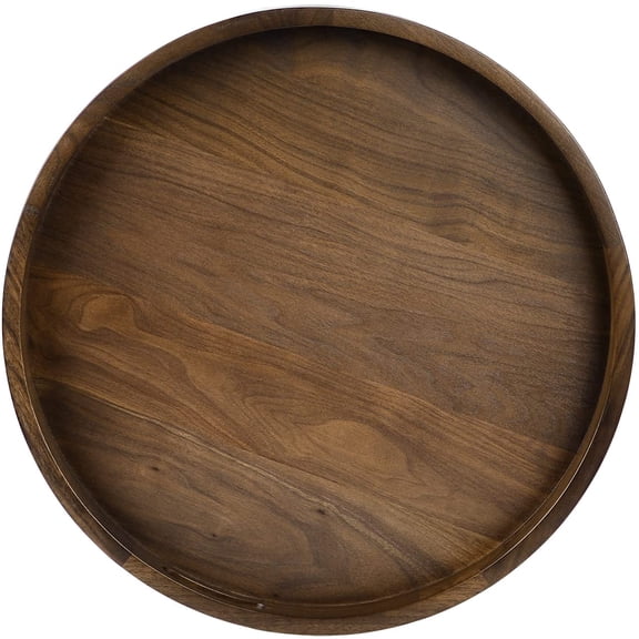 20 x 20 inches Large Round Ottoman Table Tray Wooden Solid Black Walnut Circle Platter Decorative Serving Tray with Handle for Oversized Ottoman Home Breakfast in Bed Tea Coffee