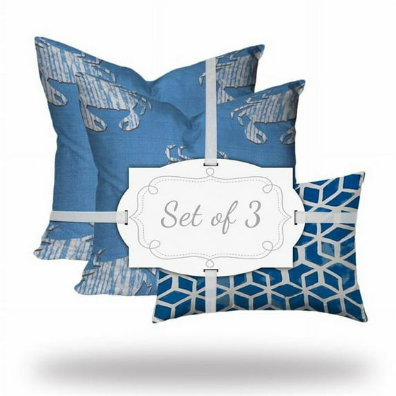 20 x 20 x 12 in. Blue & White Crab Zippered Coastal Throw Indoor & Outdoor Pillow - Set of 3