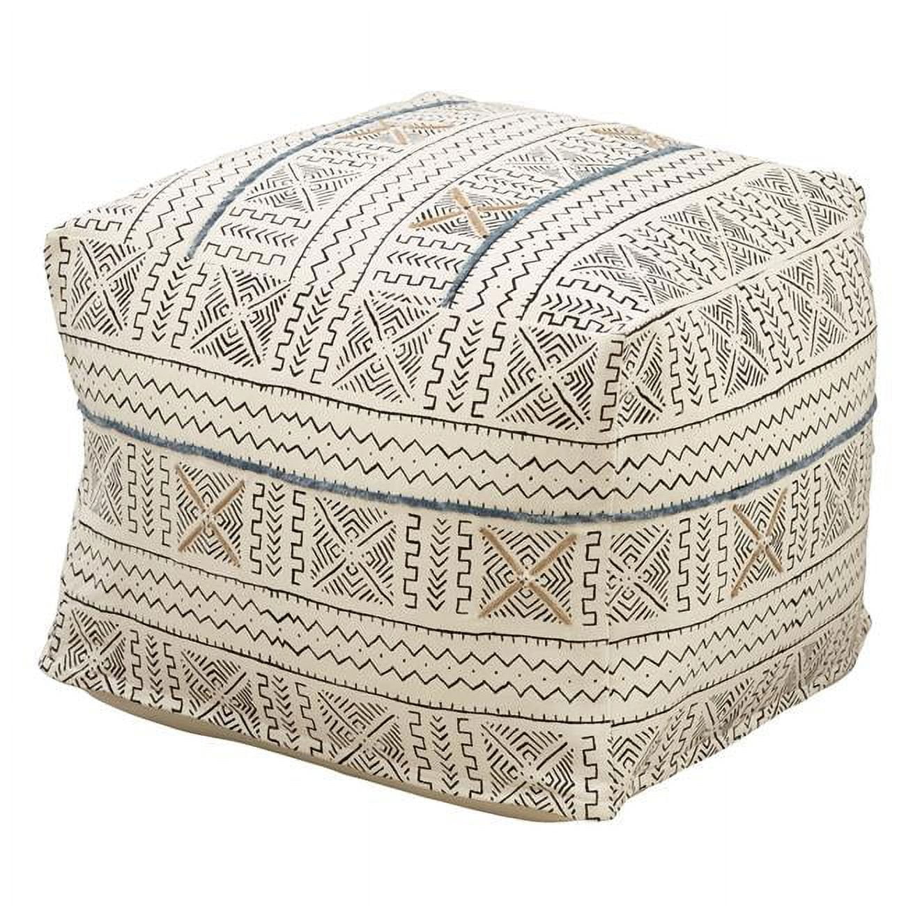 White Cotton Abstract Mudcloth Floor Pouf, 24" x 24" x 16"