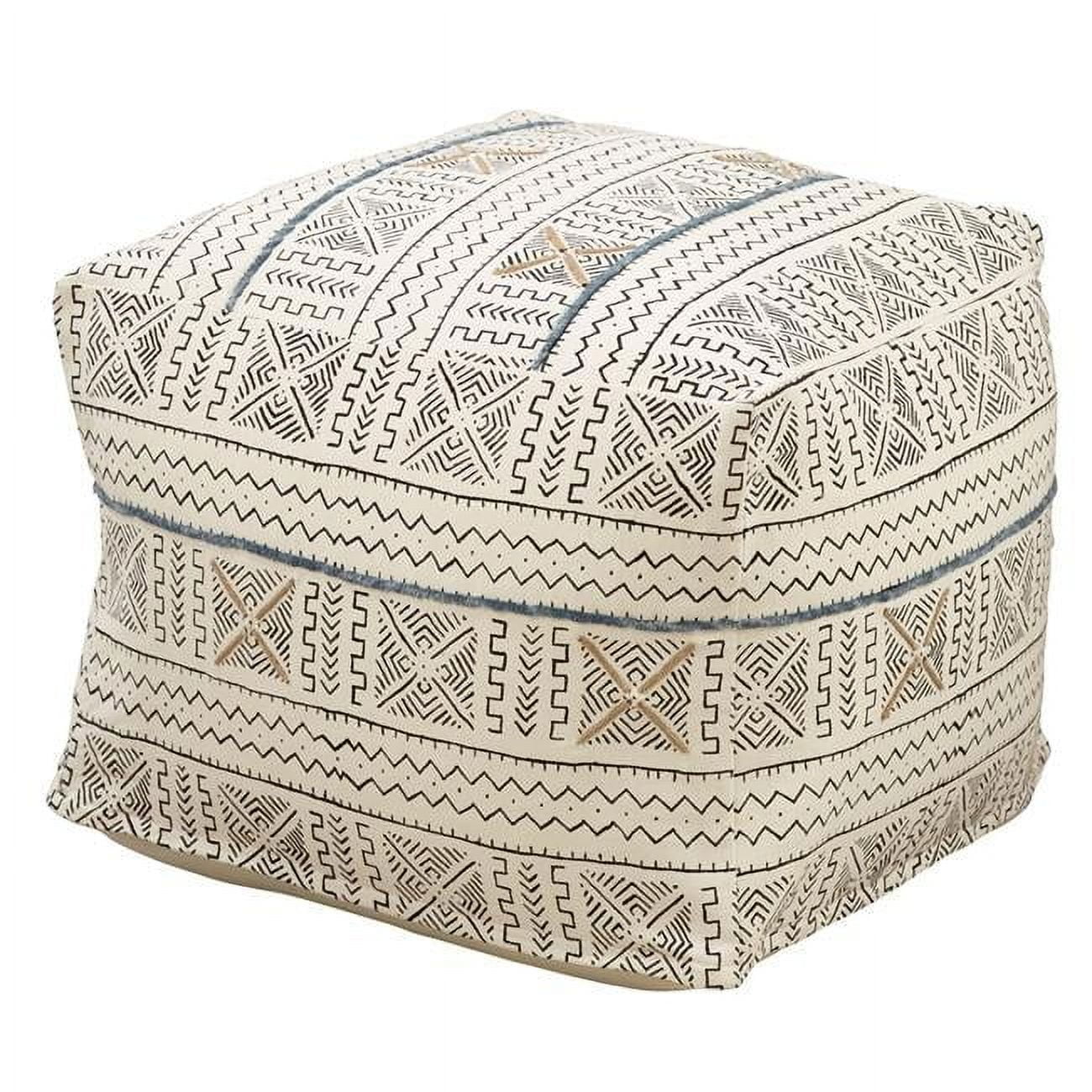 White Cotton Abstract Mudcloth Floor Pouf, 24" x 24" x 16"