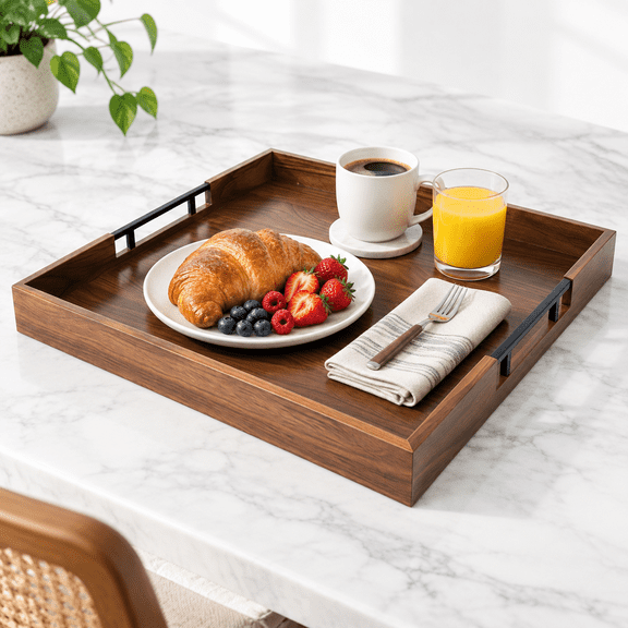 20" x 20" x 2" Wooden Square Serving Tray with Metal Handles