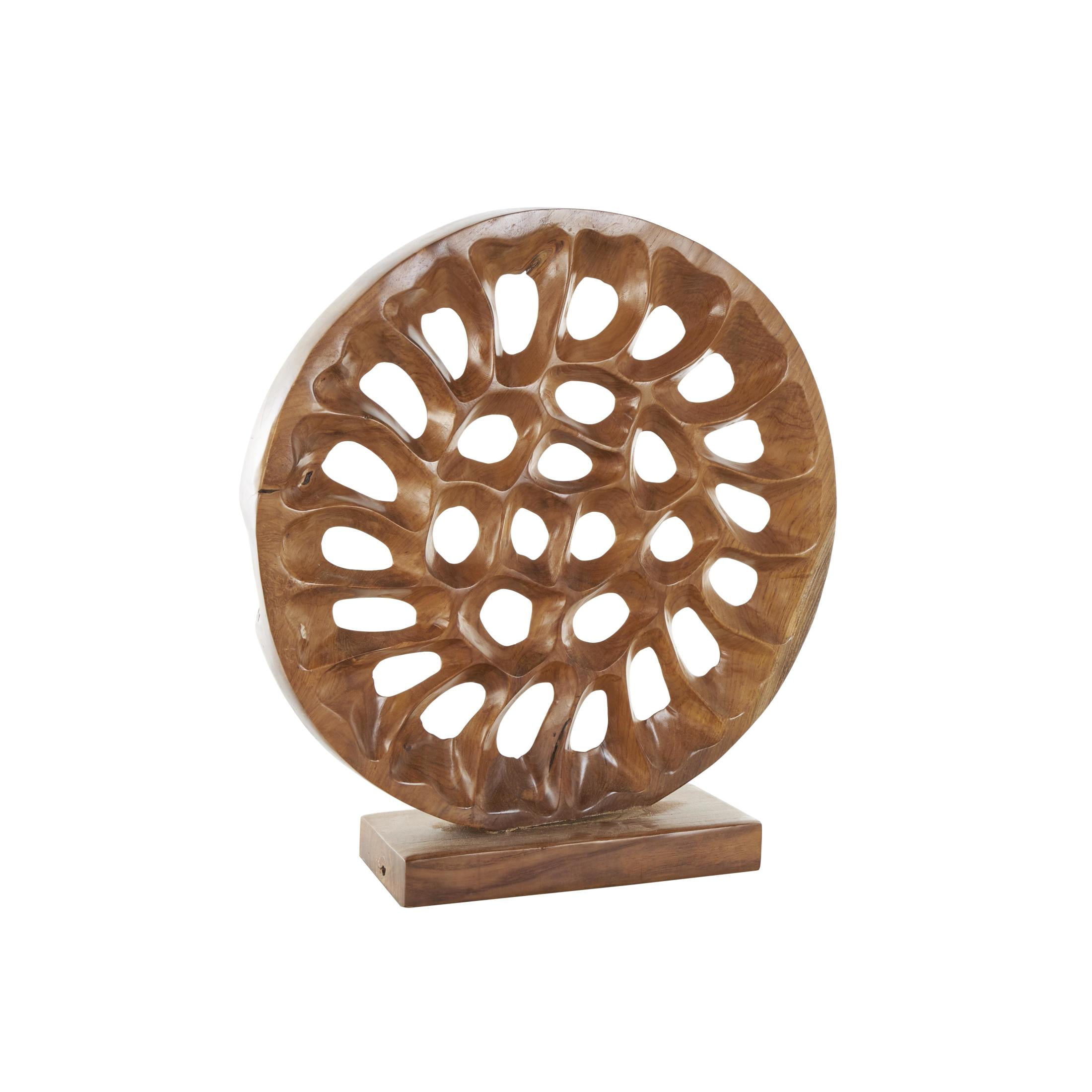 20" x 21" Brown Teak Wood Handmade Circular Cutout Abstract Sculpture, by DecMode