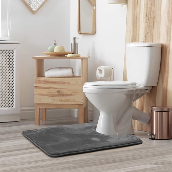 20 x 24 Inch Dark Grey Contour Toilet Rug, U-Shaped Velvet Fleece Bathroom Mat with Soft Resilient Inner Layer and PVC Non-Slip Backing, Machine Washable Floor Mat for Restroom and Laundry Room,