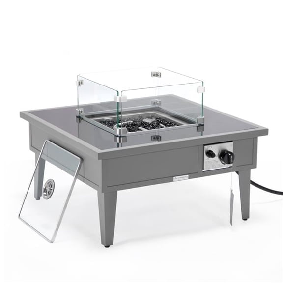 20 x 26.8 x 26.8 in. Walbrooke Outdoor Patio Aluminum Square Fire Pit Side Table with Lid & Fire Glass, Grey