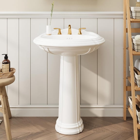 20 x 26 Inch White Ceramic Pedestal Sink - Freestanding Bathroom Basin with Overflow and 3 Faucet Holes for Widespread Installation