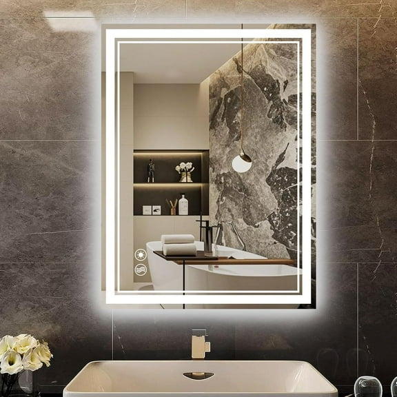 20 x 28'' ED Bathroom Mirror Anti-Fog Bathroom Mirror with LED Lights Dimmable 3 Colors Front and Backlit LED Mirror for Bathroom Vanity Mirror with Lights Wall Mounted Horizontal/Vertical