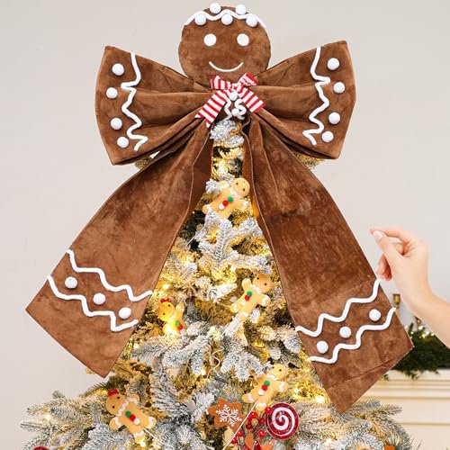 20 x 28 Extra Large Christmas Gingerbread Bow Tree Topper Wreath Brown Velvet Tree Topper Ornament Gingerbread Hanging Decor Gifts for Christmas Xmas Door Window Holiday Decorations