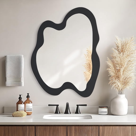 20"x 28" Irregular Wall Mirror, Wood Frame Mirror, Asymmetrical Mirror, Black Decorative Wall Wooden Mirror, Modern Unique Mirrors for Bedroom, Living Room, Entryway, Hall, Bathroom