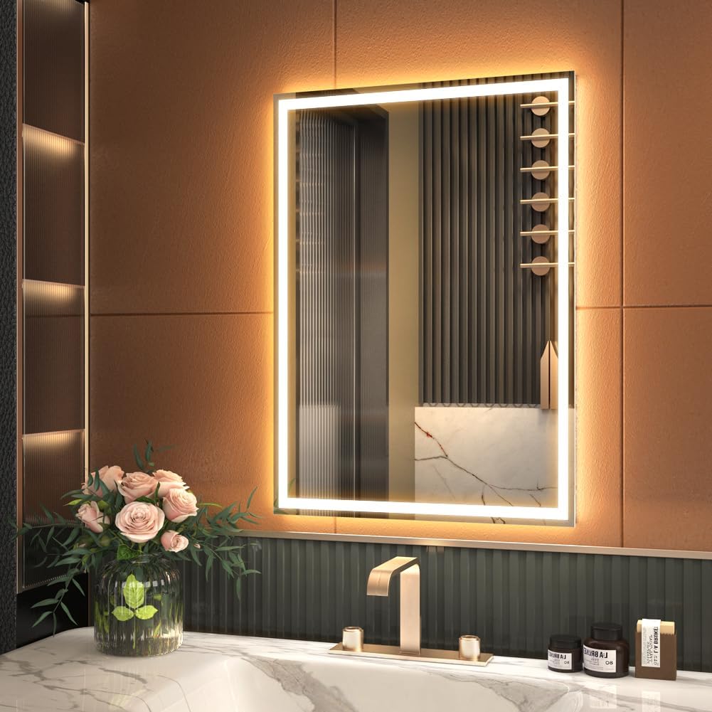 20 x 28 inch LED Bathroom Mirror, Hand Wave Induction Vanity Mirror with Bluetooth, Illuminated Dimmable Anti Fog IP44 Waterproof+Vertical & Horizontal Wall Mounted Mirror