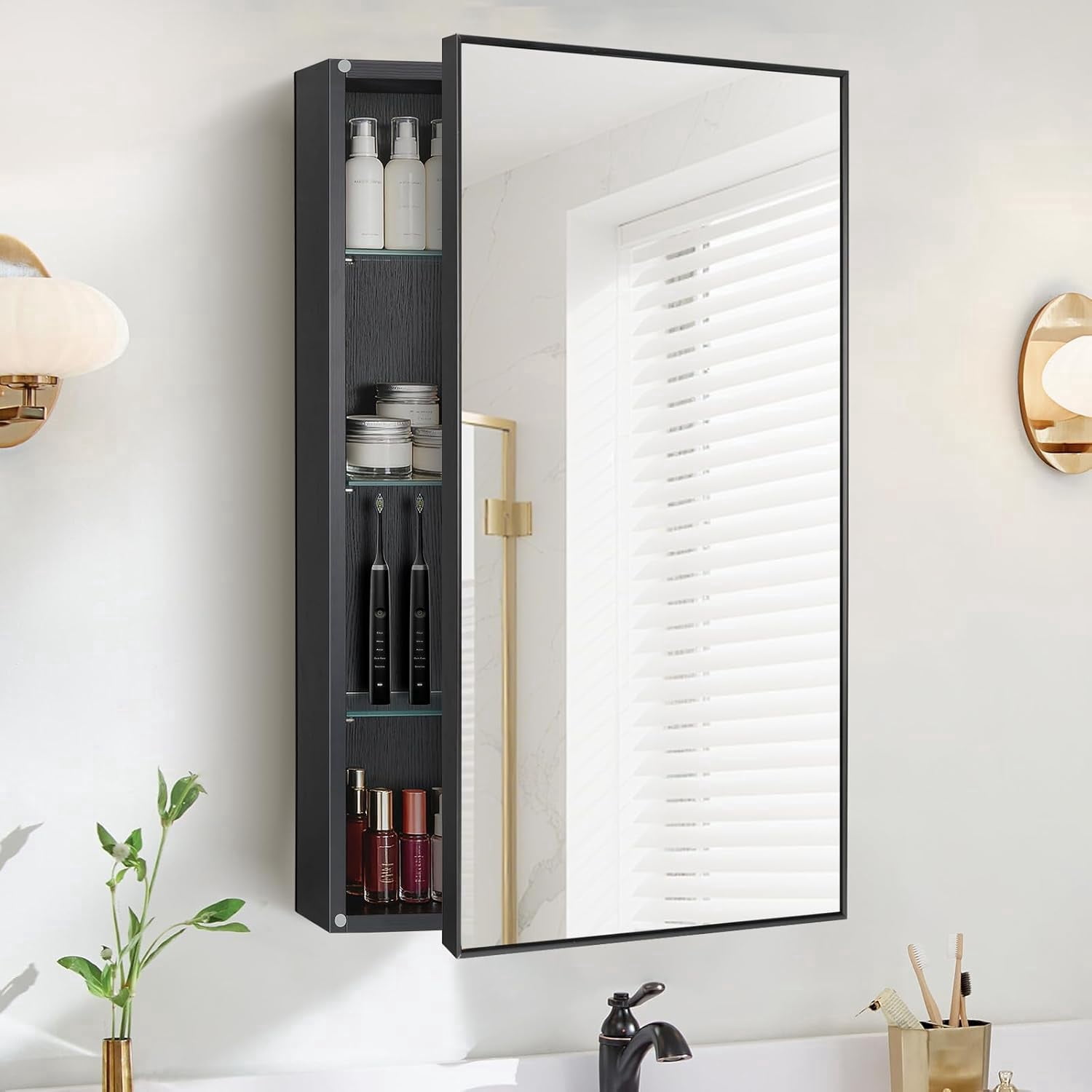 KZElegy Bathroom Medicine Cabinet with Mirror ,20" x 30" Wall Mount Storage Medicine Cabinet with Mirror,Adjustable Shelves and Tempered Glass,Black
