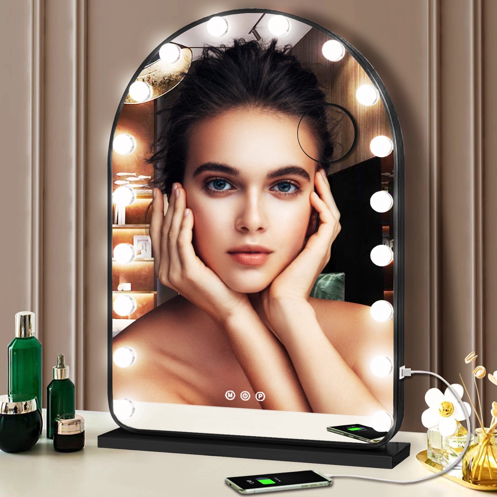 20" x 30" Hollywood Black Arch Vanity Makeup Mirror with Lights 18