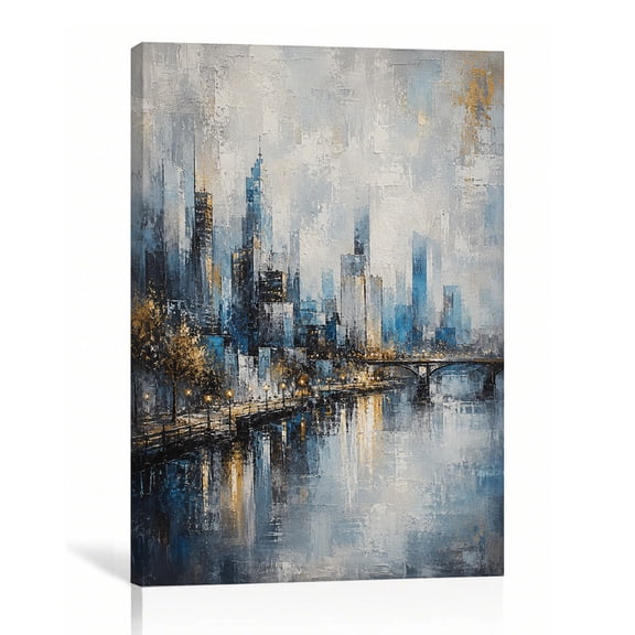 20 x 30 Inch Abstract Cityscape Canvas Wall Art, Modern Canvas Print, Ready to Hang Waterproof Wall Decor for Home Living Room, Blue