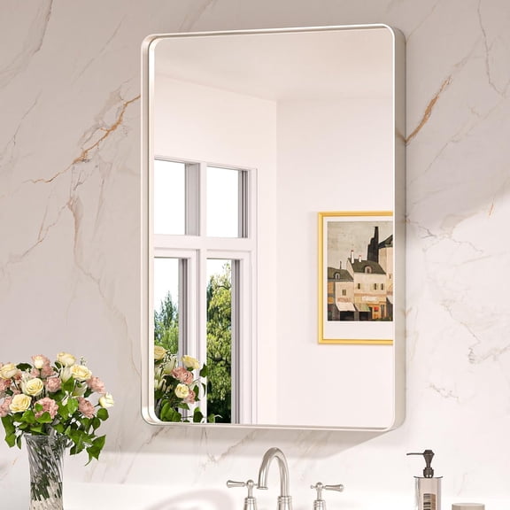 MY 20 x 30 Inch Brushed Nickel Bathroom Mirrors for Over Sink, Rounded Rectangle Silver Bathroom Vanity Mirror, Farmhouse Mirror for Wall, HD Tempered Glass, Anti-Rust Aluminum Alloy Mirror
