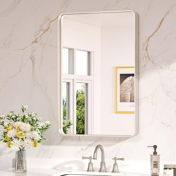 20 x 30 Inch Brushed Nickel Bathroom Mirrors for Over Sink, Rounded Rectangle Silver Vanity Mirror, Farmhouse Mirror Wall, HD Tempered Glass, Anti-Rust Aluminum Alloy
