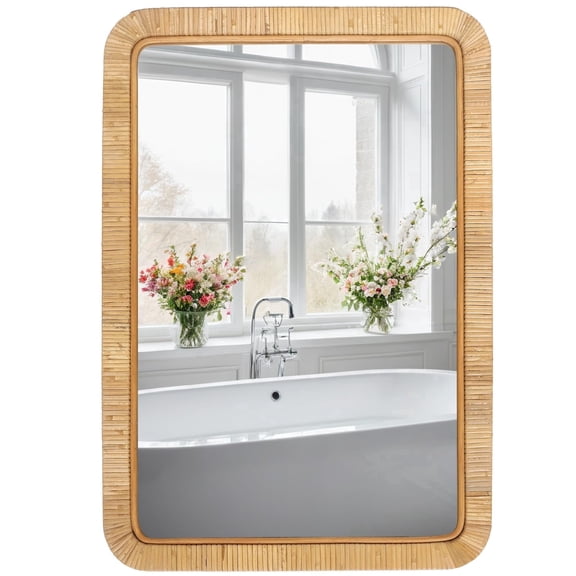 20" x 30" Rattan Wicker Rectangular Wall Mirror, Natural Wood Decorative Mirror for Bathroom, Coastal Boho Nursery & Farmhouse Home Decor