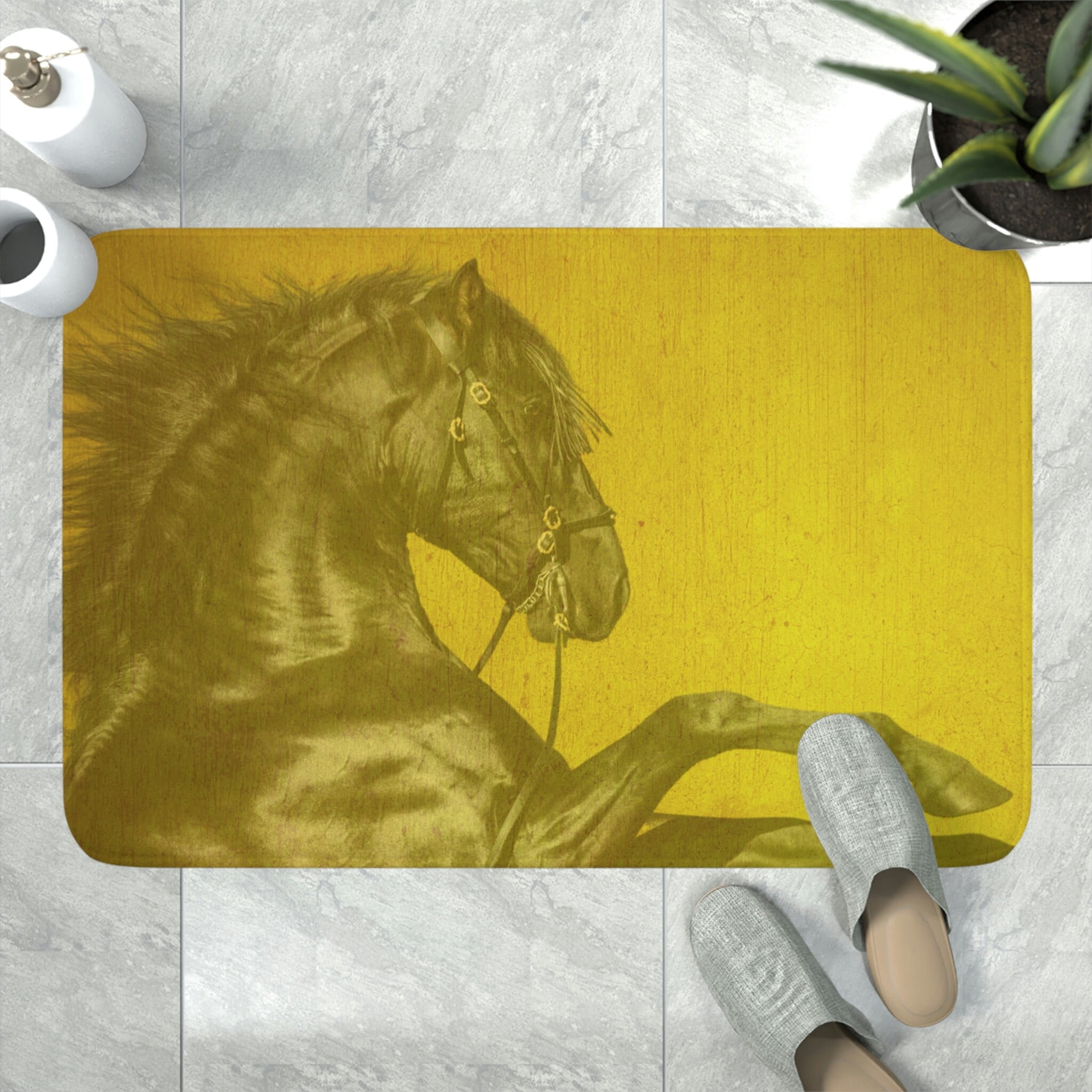 20" x 32" Black Horse Gold Bath Mat Black Horse Kitchen Mat Golden Haze Memory Foam Mat