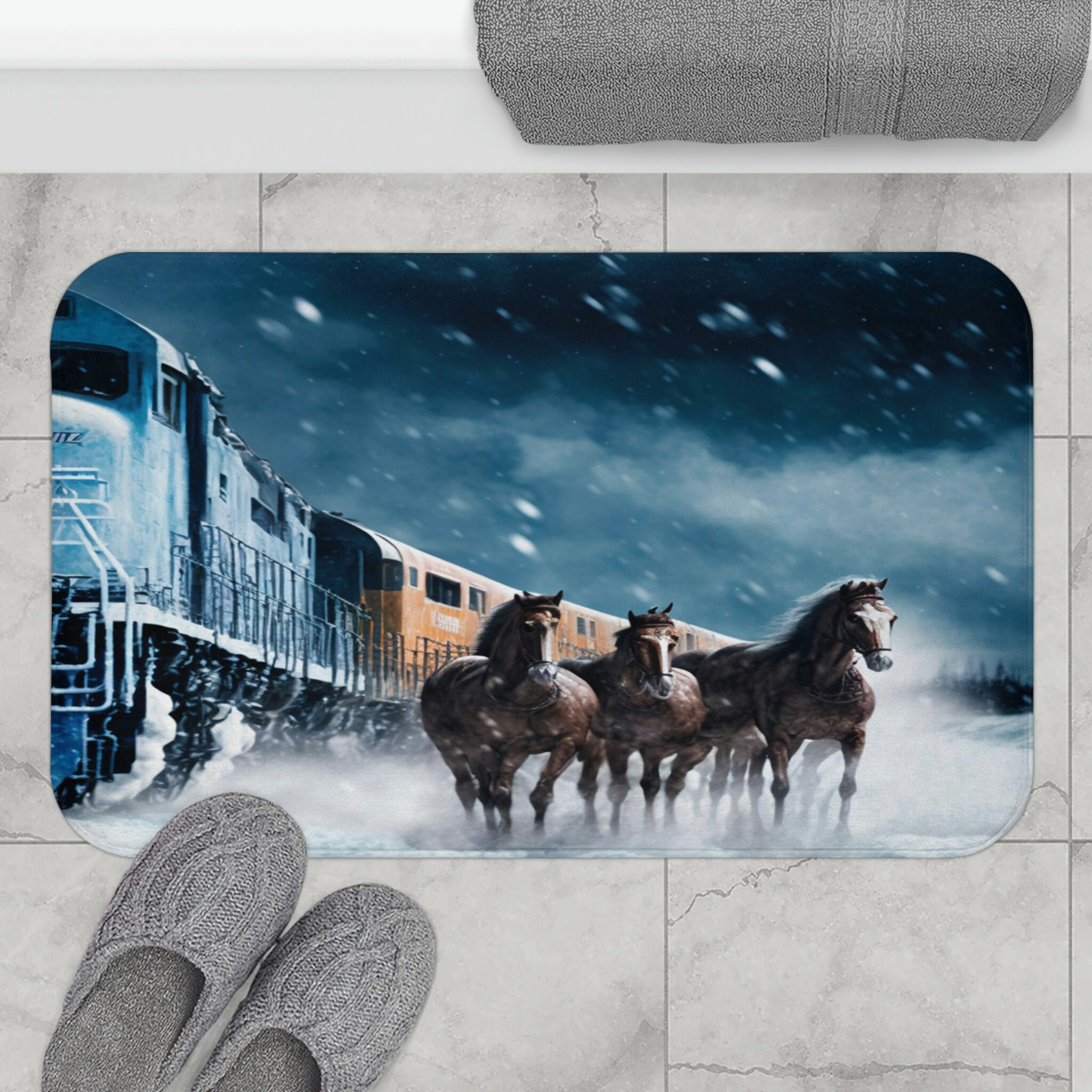 20" x 32"Horse Bath Mat Rug Fantasy Horses Farm Snow and Train at Night Animal Shower Mat Rug